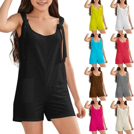 Huachaog Outfits Girls Solid Color Short Sleeve Jumpsuit Shorts Loose Fit Suit 5-6 Y