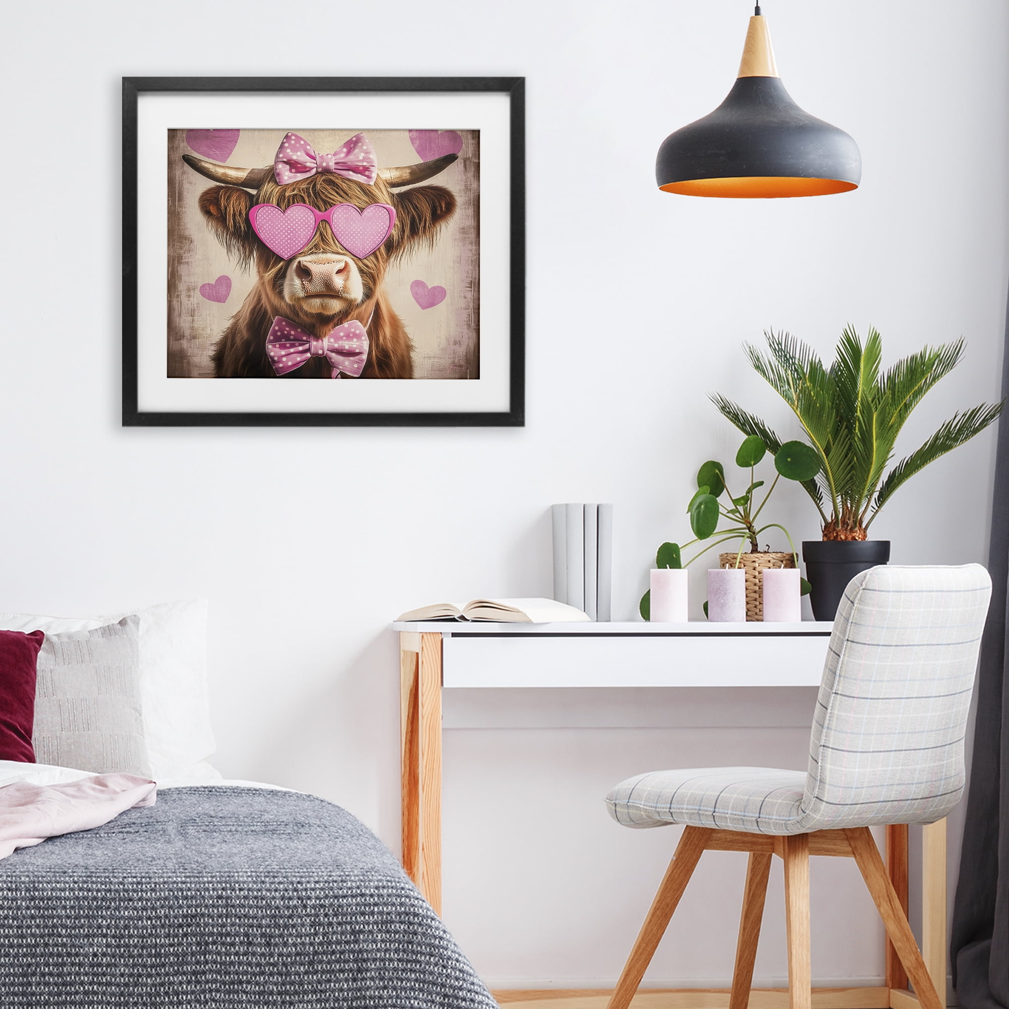 Cute Cattle Pink Hearts Black Framed Print Under Glass, design by Shawna Stewart