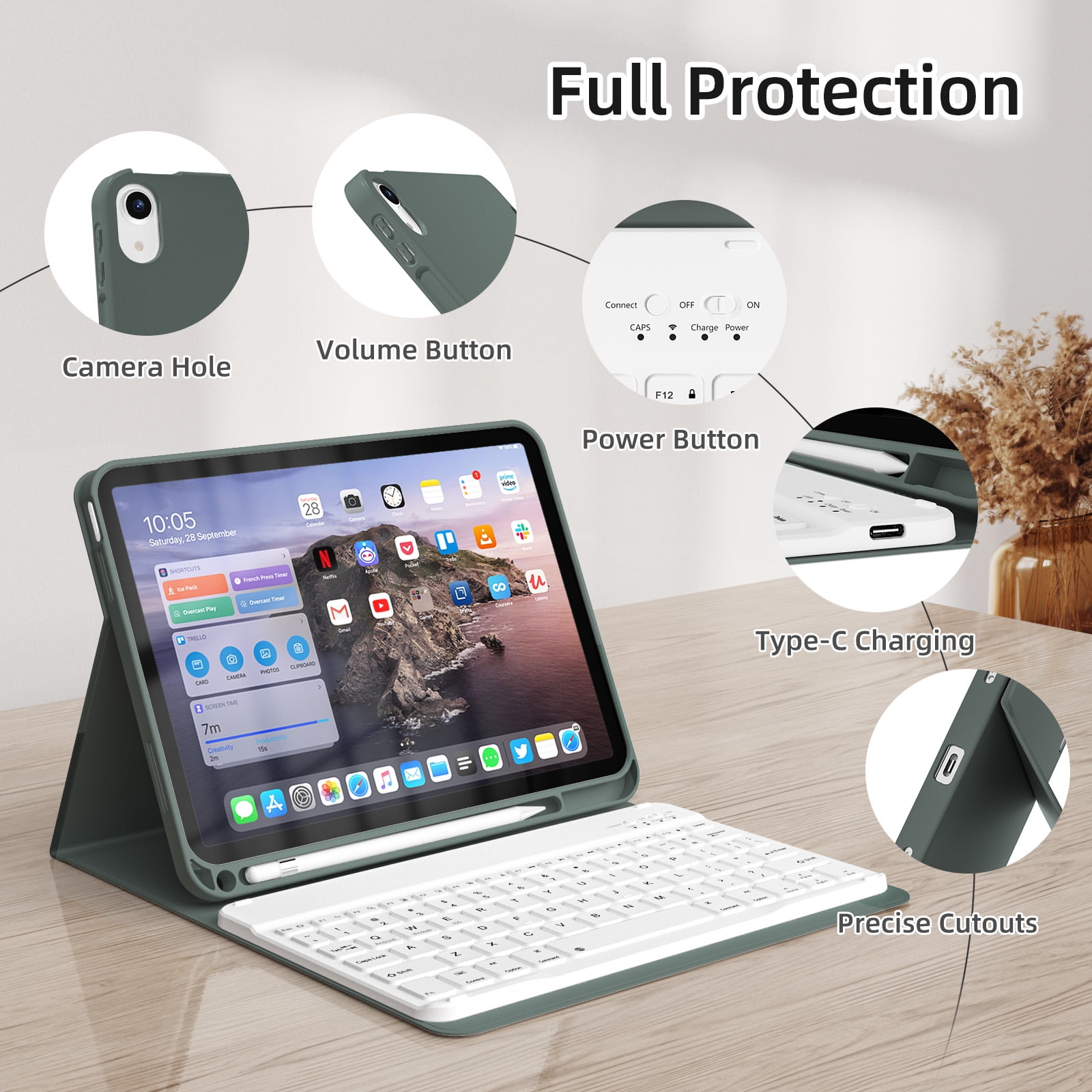 GKABXY Magnetic Keyboard Case for iPad A16 11th /10th Generation 2025/2022 with Pencil Holder 10.9/11 Inch, Magnetic Detachable Wireless Bluetooth Multi-Angle Stand Rechargeable Keyboard Case, Green