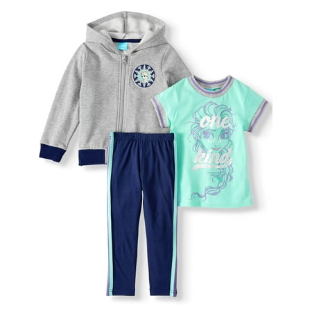 Disney Frozen Elsa Toddler Girl Zip-Up Hoodie, Short Sleeve T-shirt & Leggings, 3pc Outfit Set