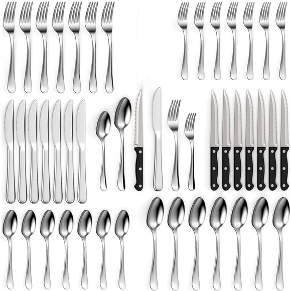 Juego de Cubiertos de Plata de 48 Piezas con Cuchillo Afilado para Carne - Cubiertos de Acero Inoxidable Duro con Cucharas/Tenedores/Cuchillo de Cena Pulidos Como Espejo para Comer(Plateado 48)