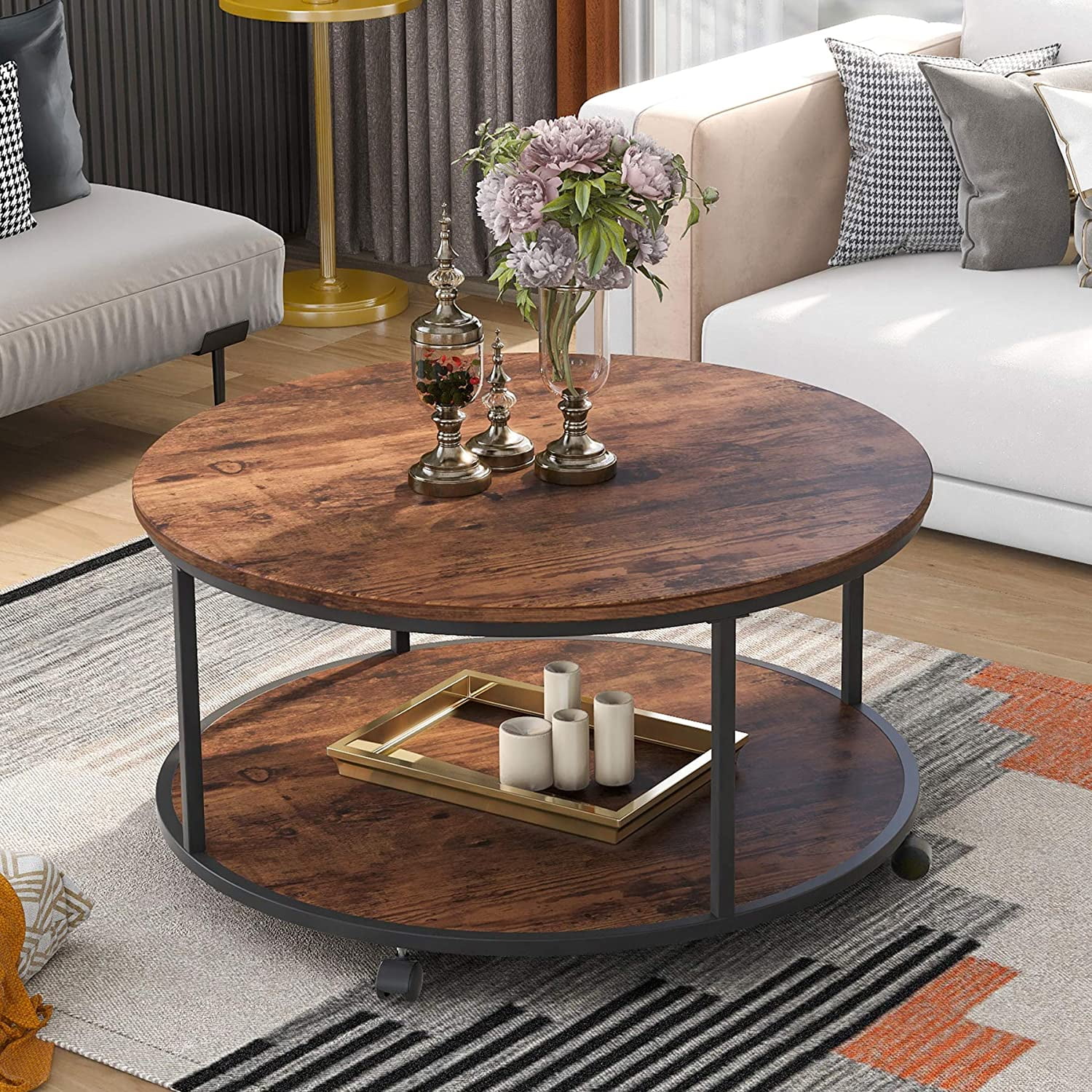 Rustic Style Coffee Table Round Coffee Table with Casters and Wood