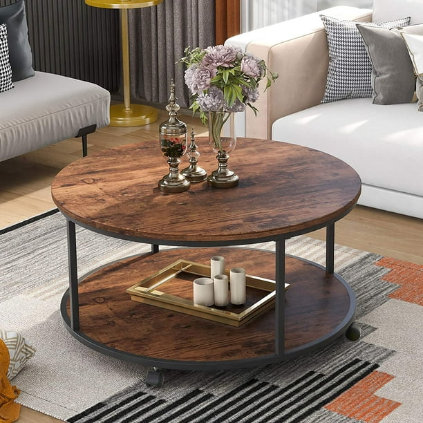 Rustic Style Coffee Table Round, Dark Brown Coffee Table Round