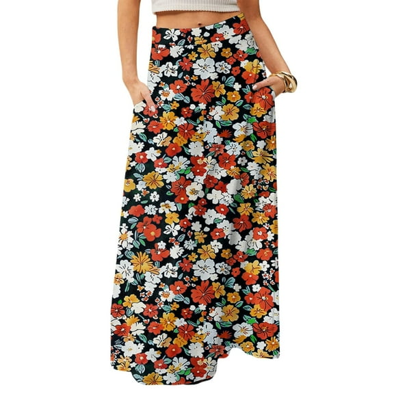 WULMLEO Long Skirts for Women Casual High Waist Maxi Skirt Flowy Aline Boho Beach Vacation Skirts with Pockets Saffron L
