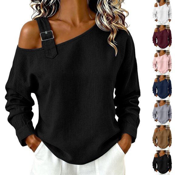 Purcolt Women's One Shoulder Sweatshirt Long Sleeve Slouchy Pullover with Buckle Strap for Lounge Streetwear Outfits Spring Fall Layering Everyday Tops