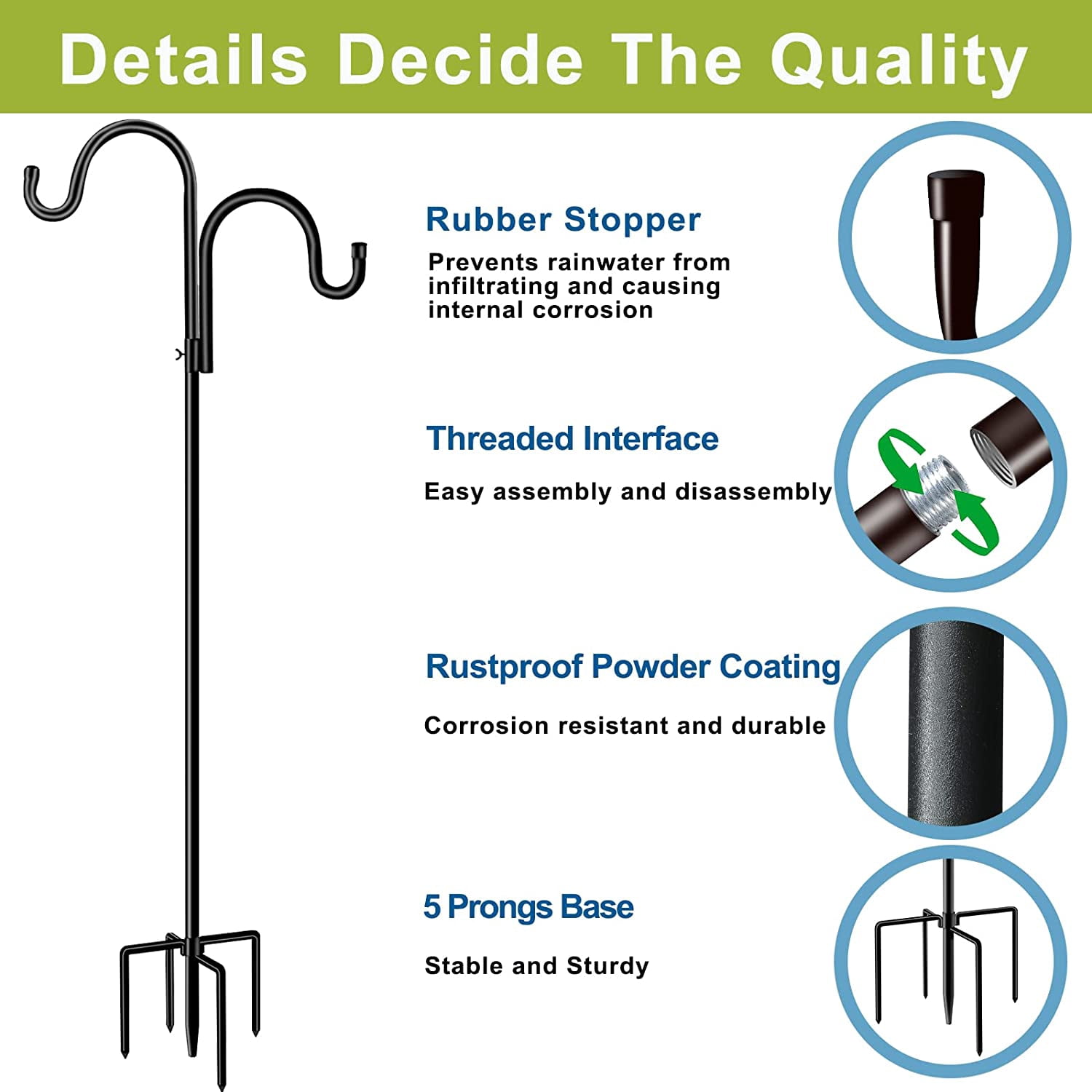 Double Shepherds Hook for Outdoor,62 Inch Bird Feeder Pole with 5 Prongs Base, Heavy Duty Adjustable Garden Hook for Hanging Plant, Solar Light, Lantern, Weddings Decor, Hummingbird Feeder(1 Pack)
