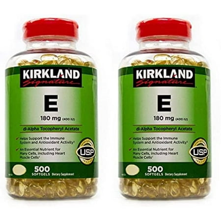 Kirkland Signature Vitamin E 400 I.U. 500 Softgels, Bottle, Yellow Pack of 2