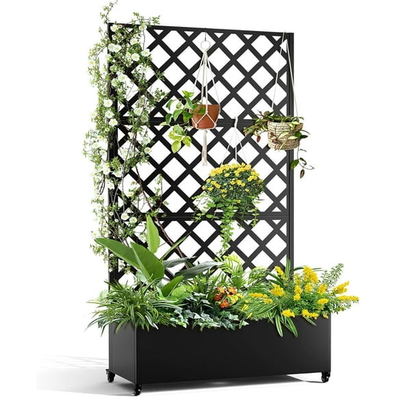 Ourlova Jardinière en Métal avec Treillis à Losanges – Bac de Jardin Surélevé Galvanisé sur Roulettes pour Plantes Grimpantes et Vignes, 72"x47 Pouces Noir