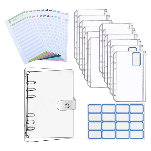 6 anillas Carpeta de cuaderno A6 Carpeta de presupuesto con etiquetas adhesivas Pegatinas Sobres de presupuesto Sobres con cremallera para oficina Esc , Claro SOLEDAD Presupuesto de la carpeta