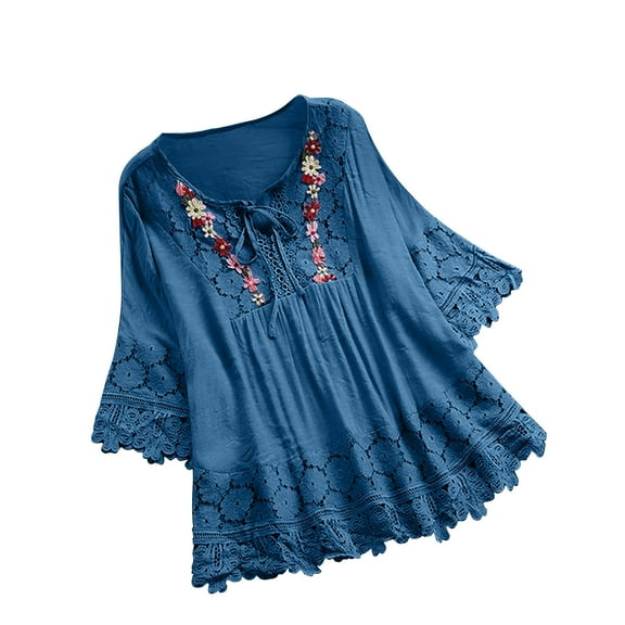 BangWanChi Womens Blouses for Work Women Vintage Lace Patchwork Bow V-Neck Three Quarter Blouses T-Shirt