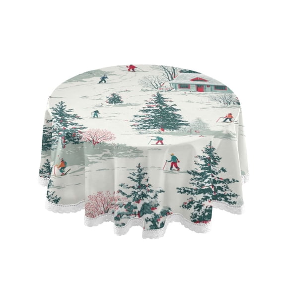 60 Inch Round Tablecloth with White Lace Trim Fall Table Cover for Elegant Dining Decor Vintage Christmas Winter Scene