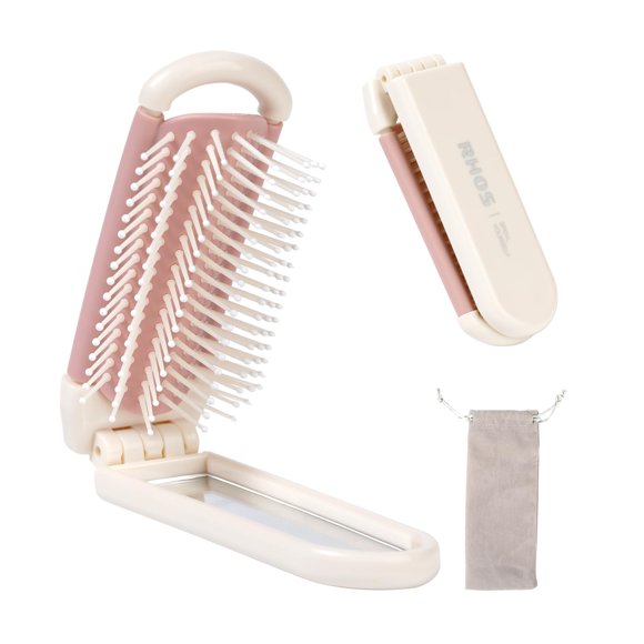 RHOS Cepillo plegable con espejo para mujeres y niñas – Mini cepillo de pelo para bolso pequeño cepillo de bolsillo con cerdas de nailon suave y espejo para viajes (Beige)