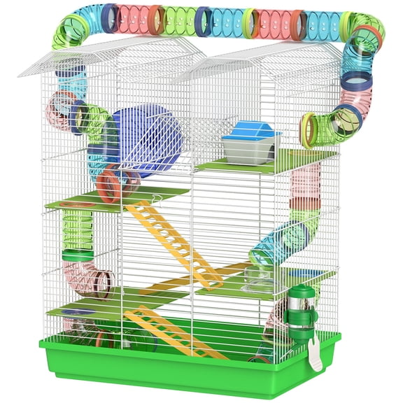 18.5" 5 Tier Hamster Cage with Tubes and Tunnels, Small Animal Cage, Rat Gerbil Cage with Water Bottle, Food Dish, Exercise Wheel, Green