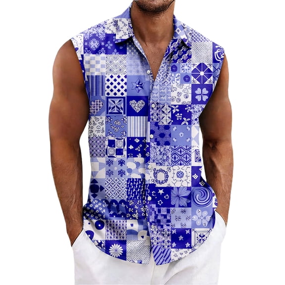 LTTVQM Men's Hawaiian Shirts Summer Beach Sleeveless Button Down Shirts Casual Tropical Print Tee Basic Clothing Red L