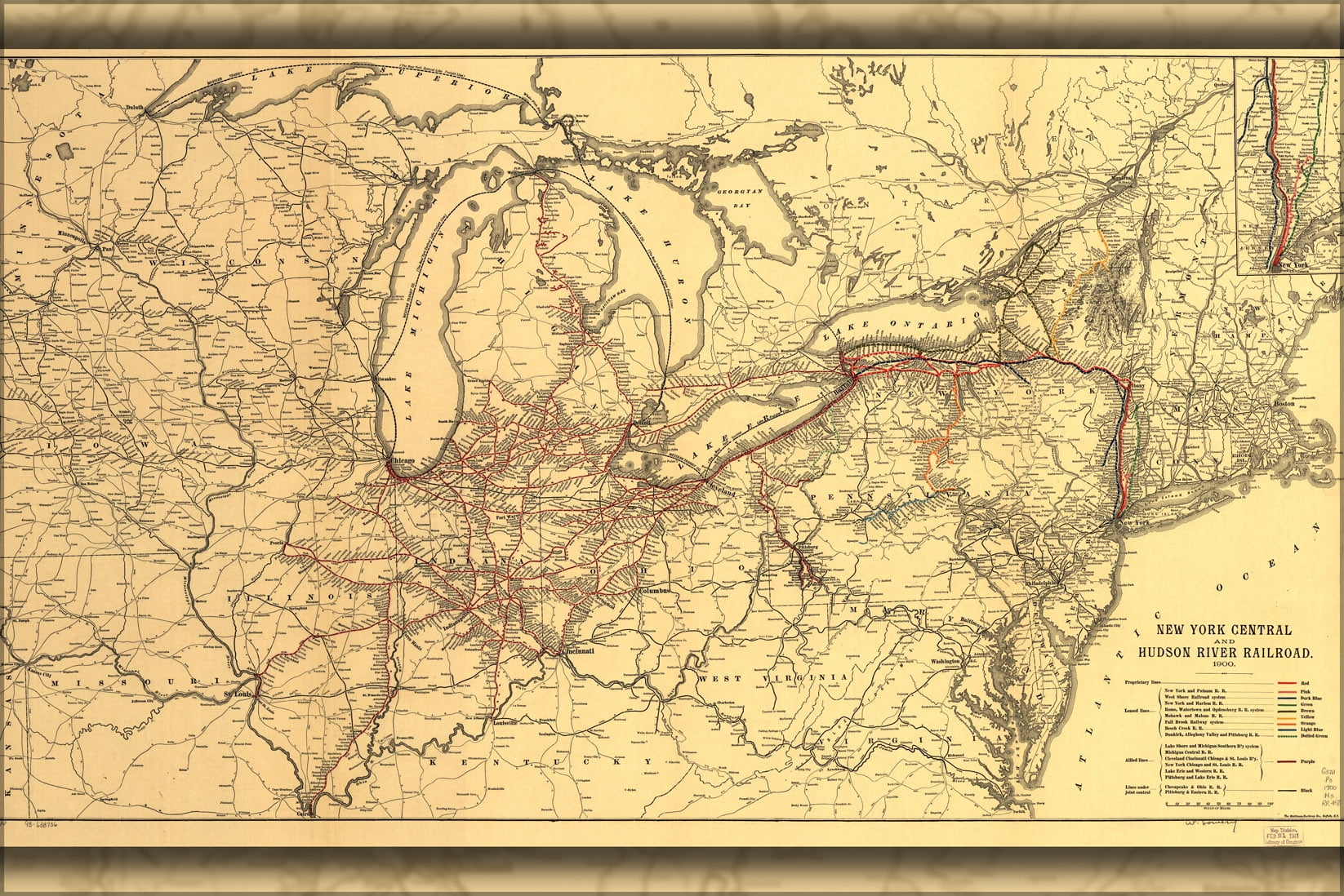 24"x36" Gallery Poster, map New York Central Hudson River Railroad 1900