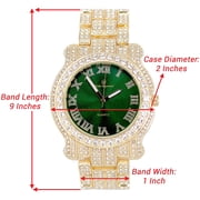 Charles Raymond Bling-ed Out Ultimate Hip Hop Royalty Mens Watch w/Easy Reader Roman Numeral or Diamond Time Indicators - L0504RN Gold Money Green - L0504