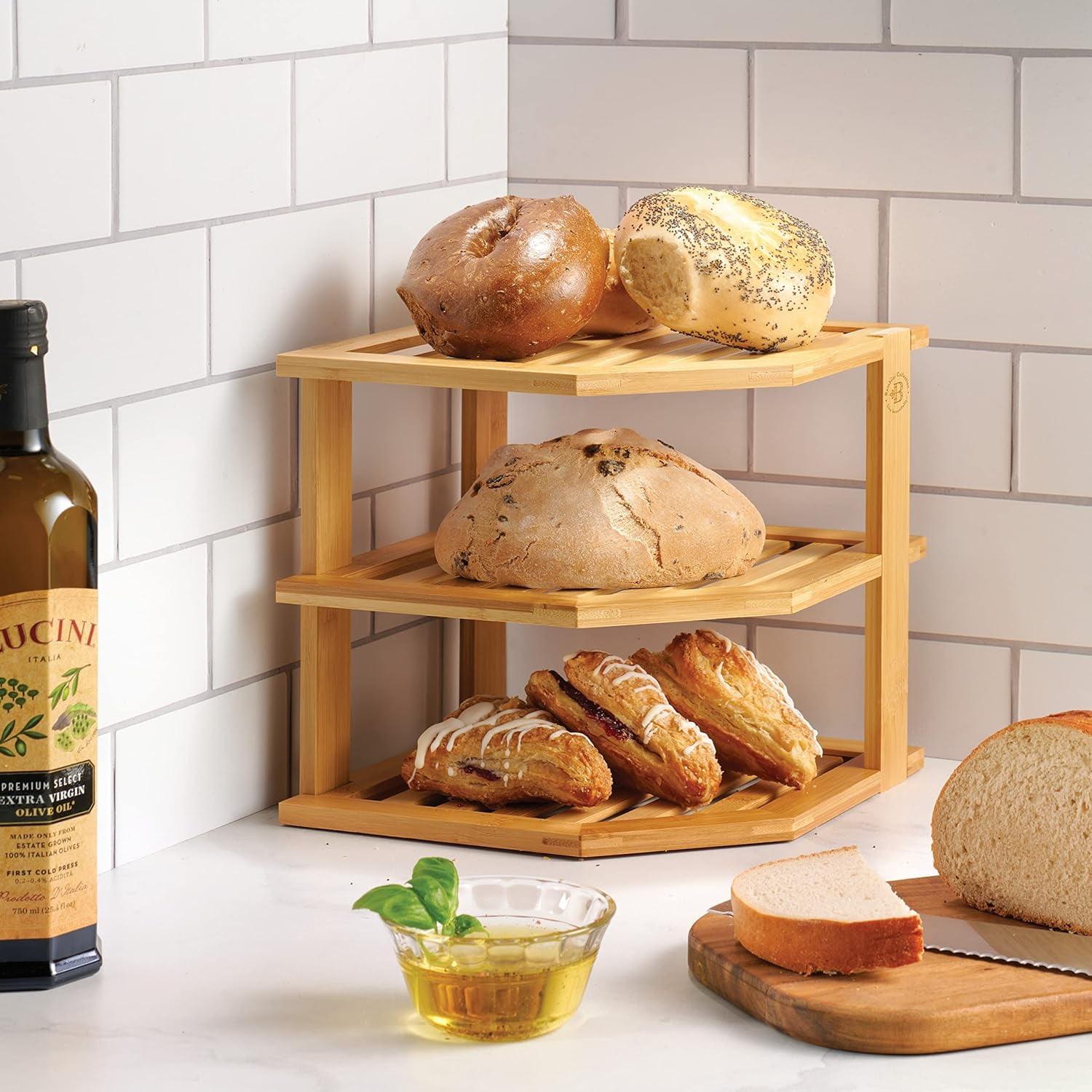 3-Tier Bamboo Corner Shelf Organizer for Cabinet Countertop, Plate Organizer for Cabinet, Cupboard Organizer, Black
