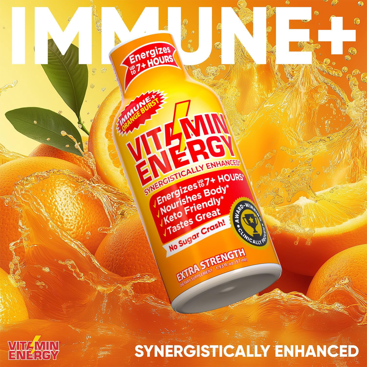 Vitamin Energy Immune+ Extra Strength Shot, Orange Burst, 48 Pack – 260mg Natural Caffeine, B-Vitamins & Citicoline, Zero Sugar, 1.93 fl oz