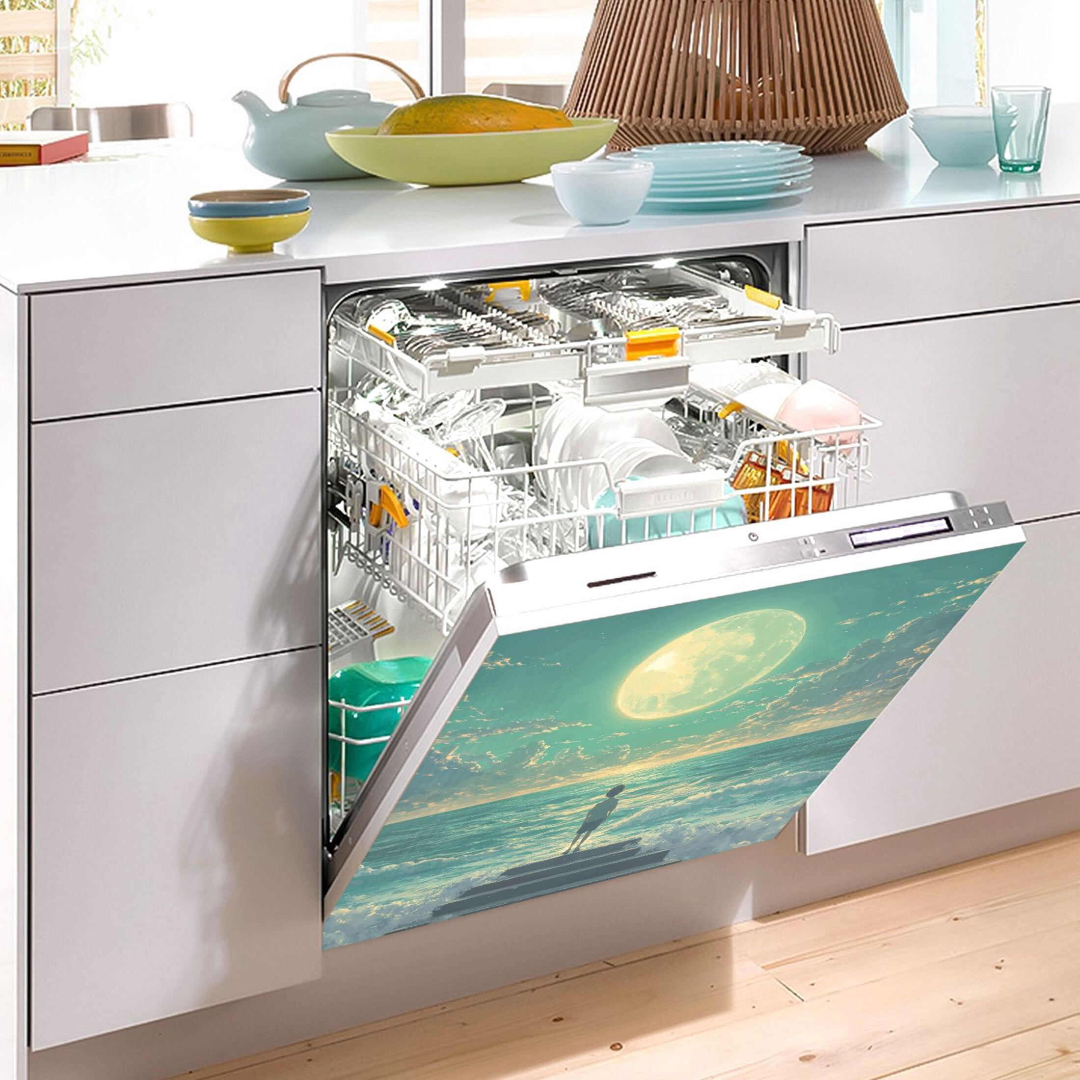 Dishwasher Magnetic Sticker 23x26 Inch Refrigerator Magnetic Sticker Washing Machine Magnetic Sticker Kitchen Panel Magnetic Sticker Home Decor Boy Moon Sea