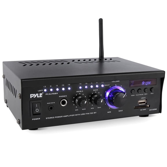 Pyle Bluetooth Stereo Amplifier 2x120W Home Audio Receiver with Blue LED Display, USB/SD, AUX, RCA & Headphone Jack, Wireless Streaming with Remote Control