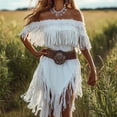 thumbnail image 3 of Women Western Off Shoulder Fringe Midi Dress Tassel Trim Leather Belt Asymmetrical Hem Cowgirl Dress, 3 of 3