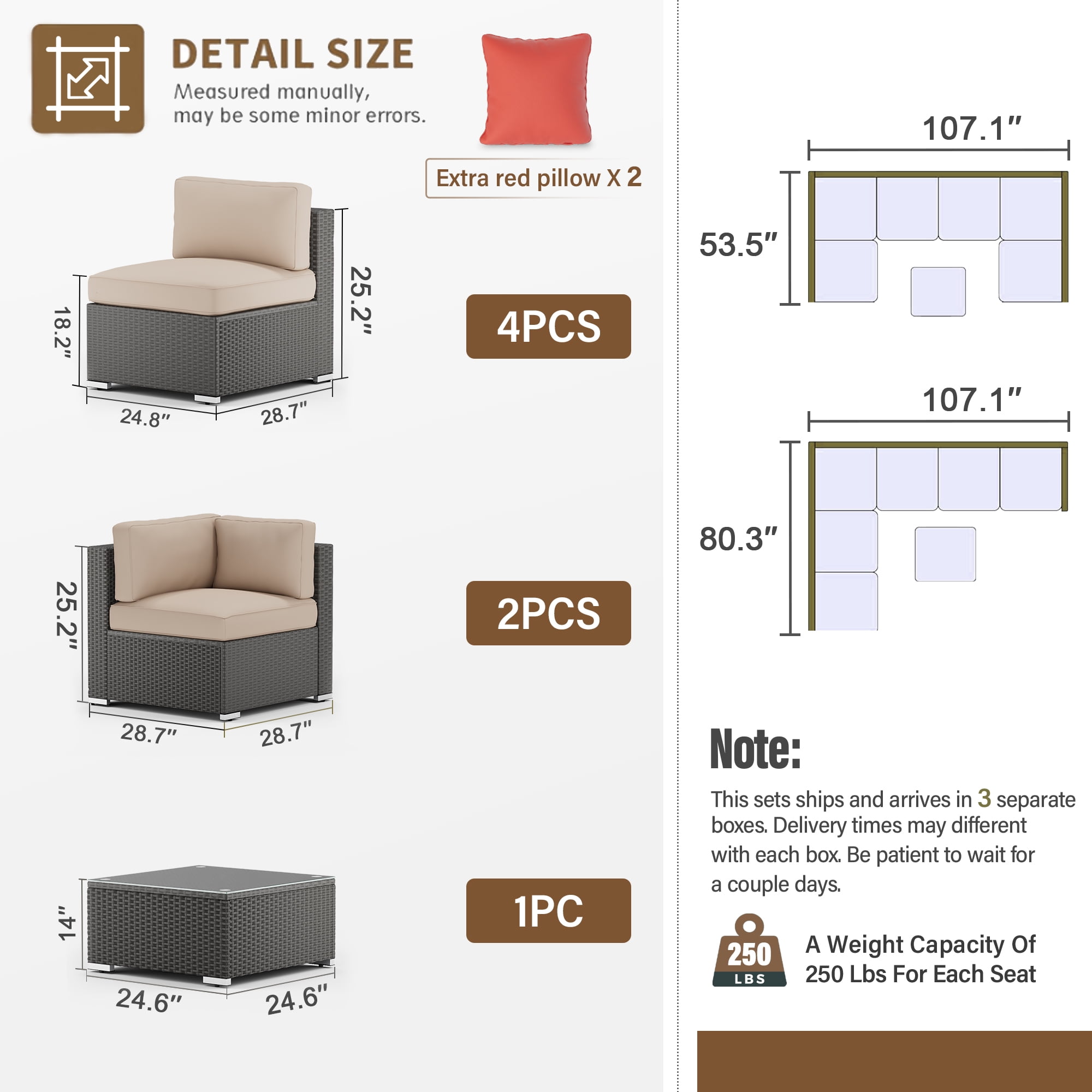 SUNCROWN 7-Piece Outdoor Patio Furniture Sofa Set All-Weather Black Wicker Sectional Conversation Set with Modern Glass Coffee Table and Cushions, Backyard, Garden, Deck, Brown