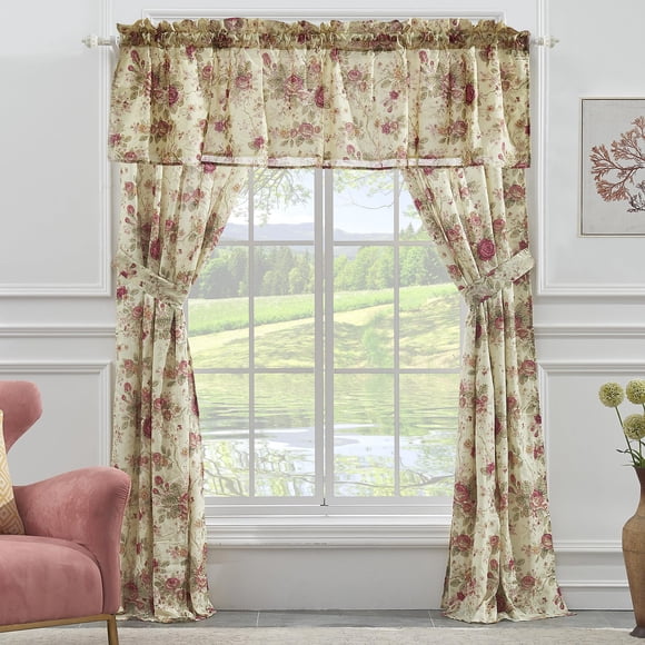 Greenland Home Antique Rose 100% Cotton Window Treatment, Panel Pair + Valance, Ecru