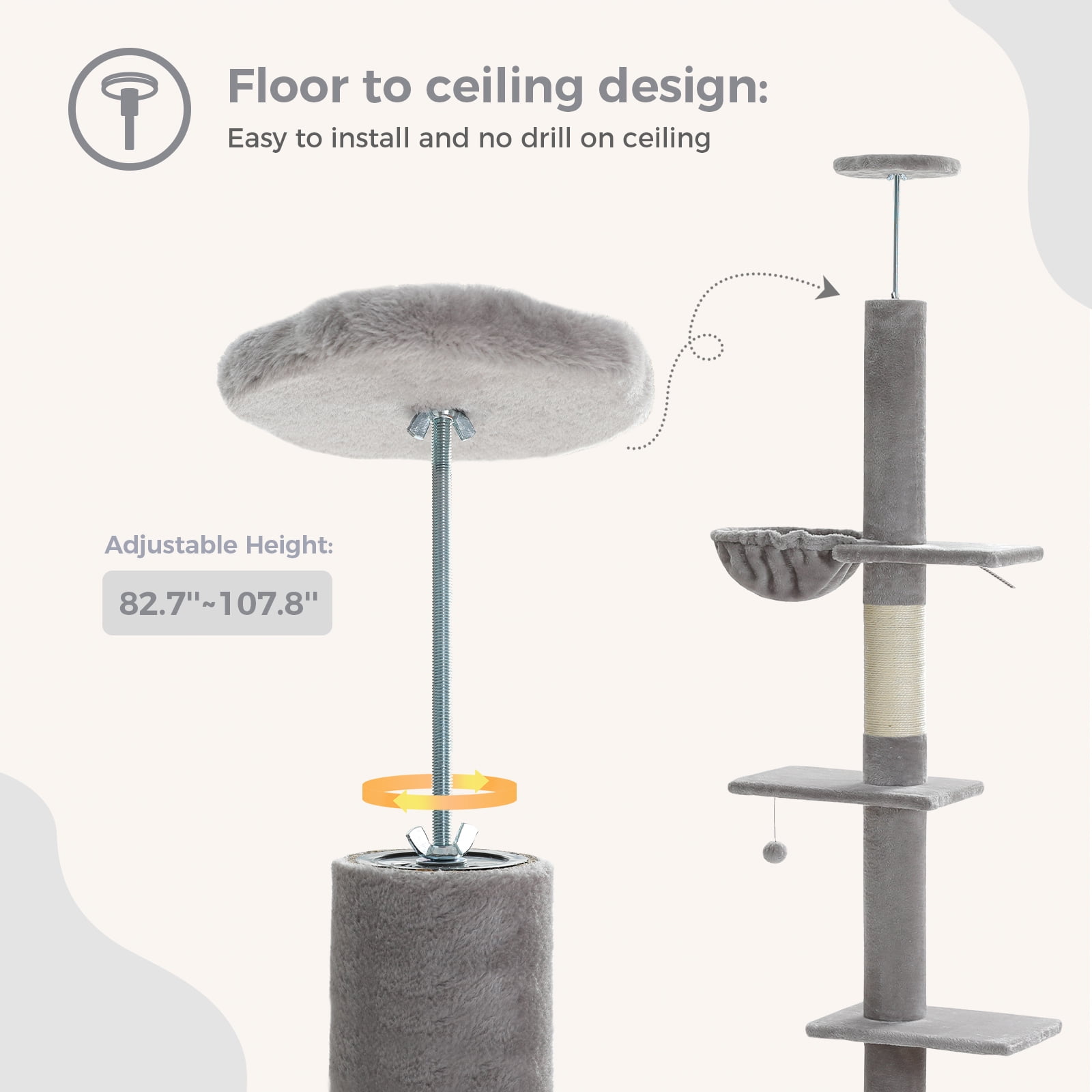 Pefilos 5 Tiers Cat Tree Floor to Ceiling, Adjustable Height (83"-108") Climbing Cat Tower for Indoor Cats with Condo, Scratching Post, Gray