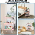 thumbnail image 2 of 3 Tier Rolling Cart, Metal Utility Cart with 3 Hanging Cups and 4 Hooks, Handle and Lockable Casters, Mesh Rolling Storage Cart Organizer, Easy Assembly for Kitchen Office, Pink, 2 of 8