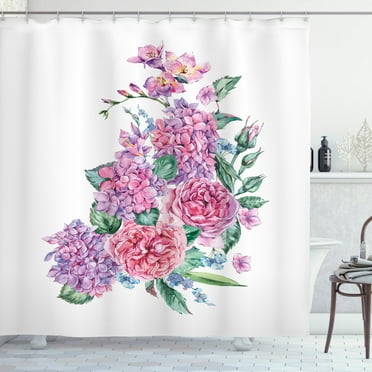 Hydrangea Shower Curtain, Colorful Watercolor Beauty with Blooming Flowers and Leaves Burgeoning Romance, Fabric Bathroom Set with Hooks, 69W X 84L Inches Extra Long, Multicolor, by Ambesonne