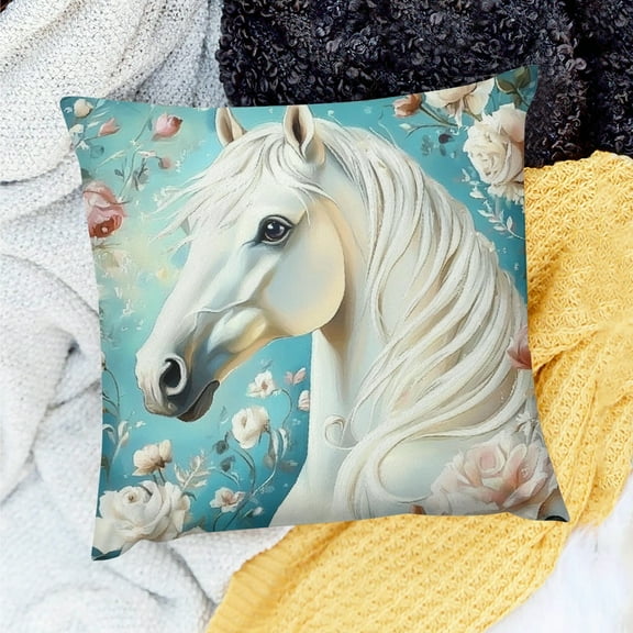 ZFLMY Kids Horse Square Cushion Covers  Galloping Horse Throw Pillow Covers Wild Animal Pillow Covers Boys Girls Floral Flower Cushion Covers for Couch Sofa Bedroom Decor 18x18in