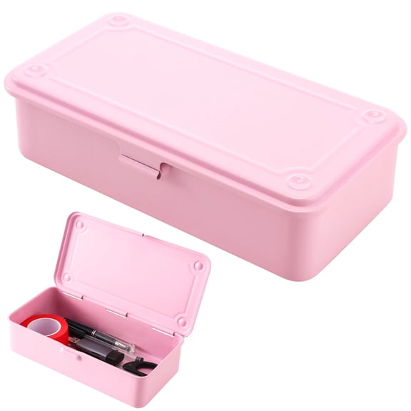 Small Metal Storage Box with Hinged Lid, Pink Portable Organizer for Office Desk, Crafts, Jewelry - Secure Locking Tool Container, 7.9 x 2.1 x 4.1 In