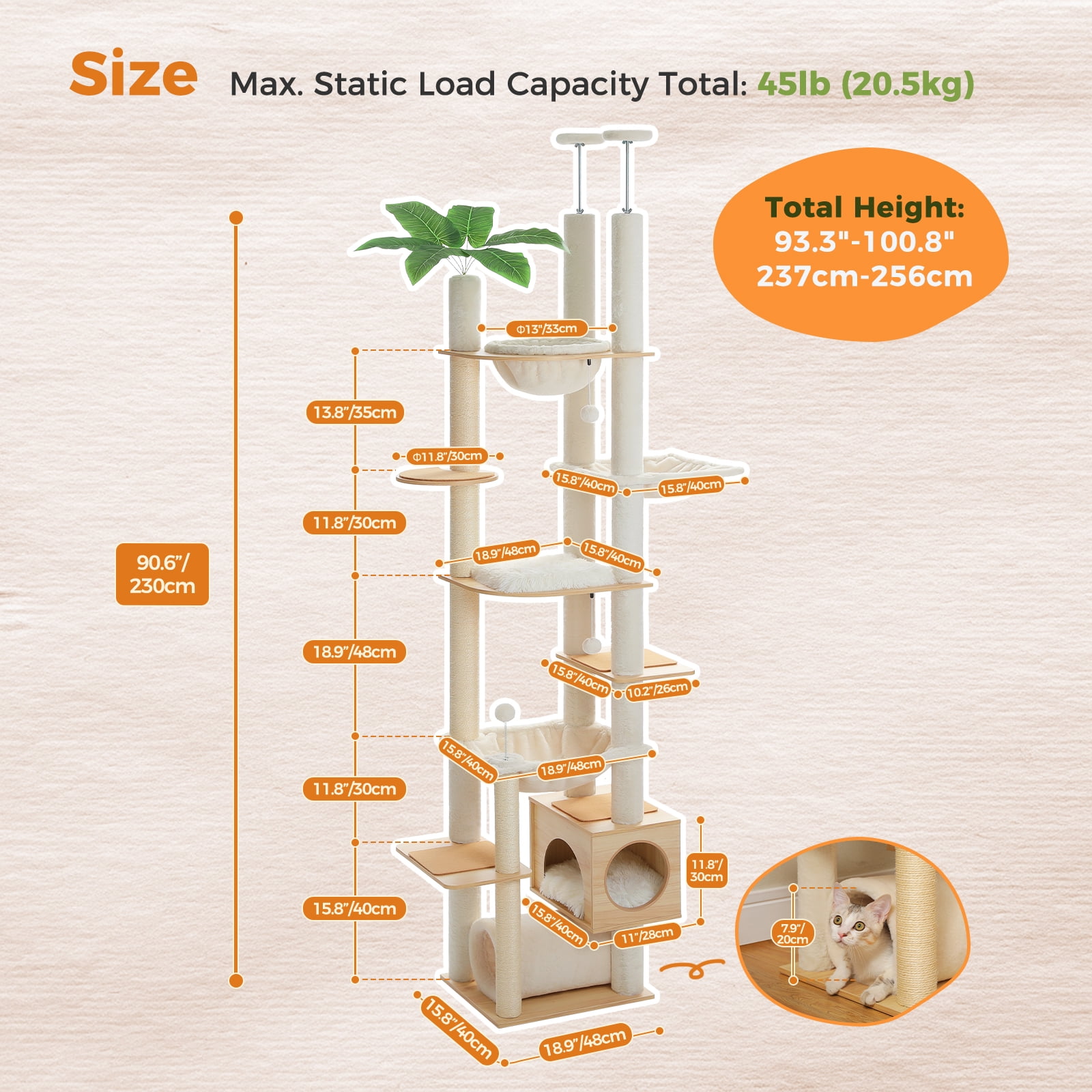 Pefilos Floor to Ceiling Cat Tree 93.3’’-100.8’’ Height Adjustable, Wooden Cat Tower Tall Climbing with Scratching Posts, Condo, Perches and Hammock, Beige