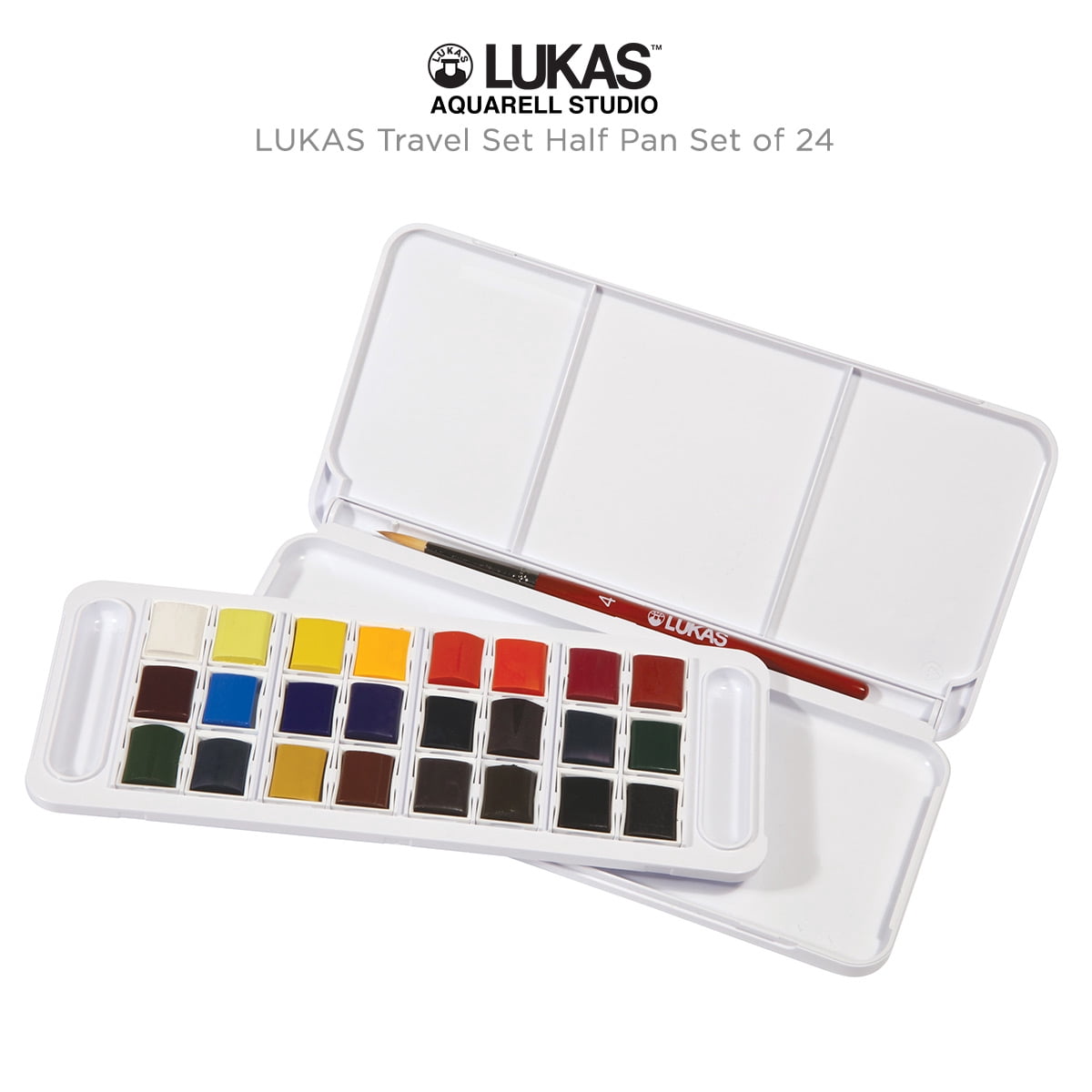 Lukas Studio Watercolor Set of 24 Half-Pan Colors, Travel Watercolor Set Includes Color Mixing Palette and Brush