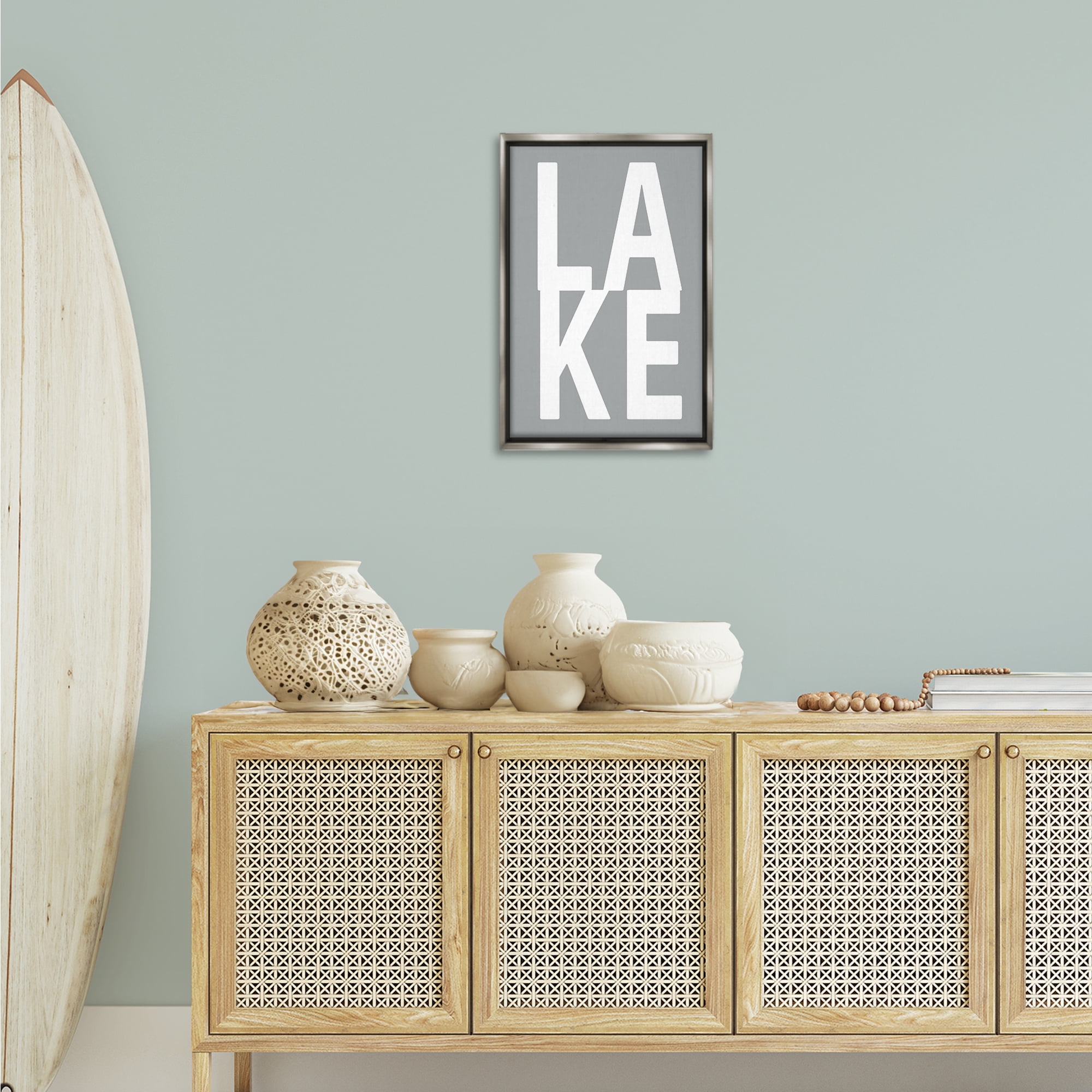 Stupell Industries Lake Word on Grey Typography Painting Gray Floater Framed Art Print Wall Art, 17 x 25
