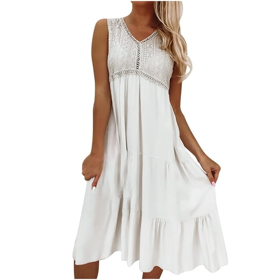 QUYUON Womens White Midi Dress Ladies Summer V-Neck Sleeveless Lace Tank Dresses Loose Casual Pleated A-Line Wedding Guest Dress Female Evening Party Bride Dress Style D-6314 White XXL