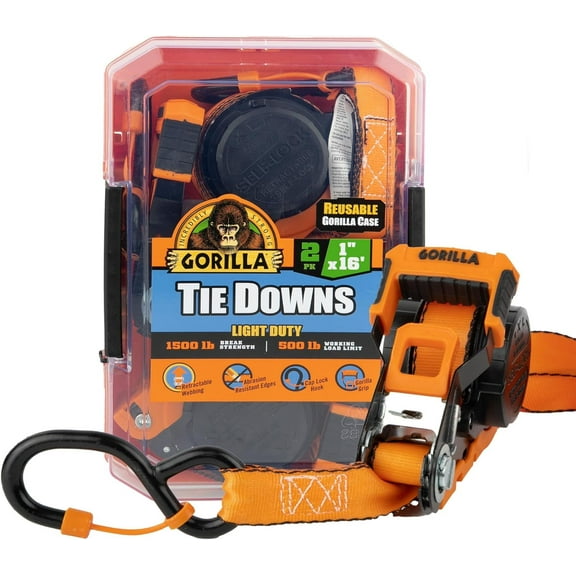 Gorilla 2 Pk 1" X 16' Self Locking Retractabe Ratchet Strap W/ Orange Gorilla Grip Handle W/ Cap Locks (Orange Webbing)
