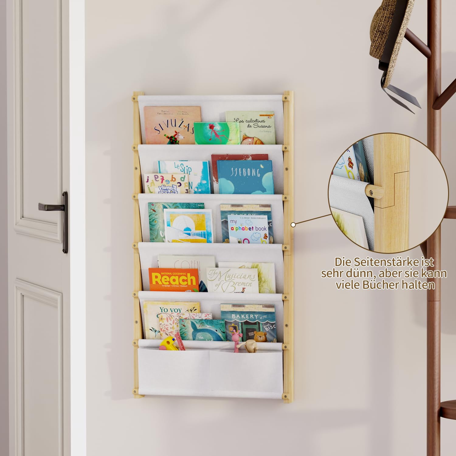 Wood 6-Tier Wall Mounted Kids Bookshelf – Montessori Floating Book Shelf For Kids Rooms, Classroom, Hanging Bookcase Organizer For Books, Toddler Book Shelf, Nursery Shelves (Small)