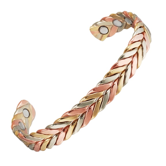 MetalJC Tricolor Gold-Plated Woven Magnetic Copper Cuff Bracelet for Men Women, 3500 Gauss Magnet