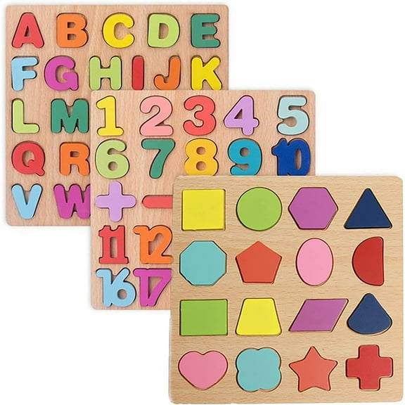 Wooden Abc Puzzle for Toddlers,Wooden Alphabet Number Shape Puzzles Toddler Learning Puzzle Toys for Kids,3 in 1 Puzzle for Toddlers,Age 3  (Set of 3)