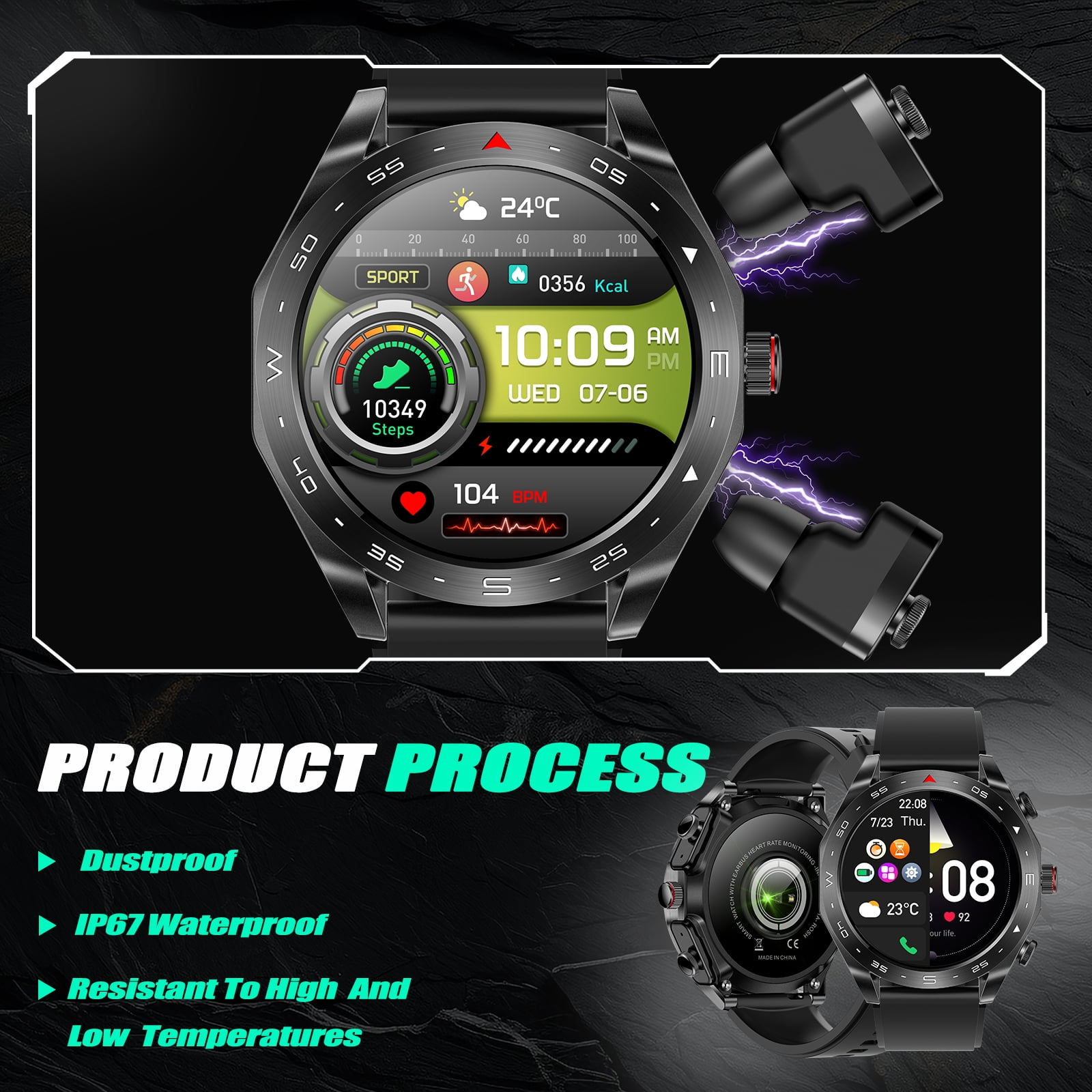 EIGIIS 2-IN-1 Business Sports Style Smart Watch with Earbuds for Men 1.52" IPS Touch Screen Sports Smartwatch 110+ Sports Modes Fitness Tracker Sleep Monitor MP3 Music Watch for iPhone Android