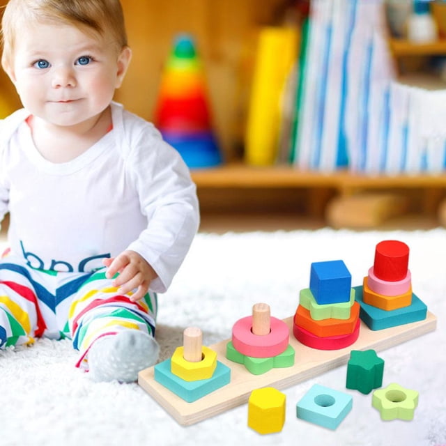 Montessori Geometric Stacker Development Clasificación Bloques de construcción Rompecabezas Bloques de apilamiento Juguetes para Navidad 4 Post Rectangle Baoblaze Apilador geométrico