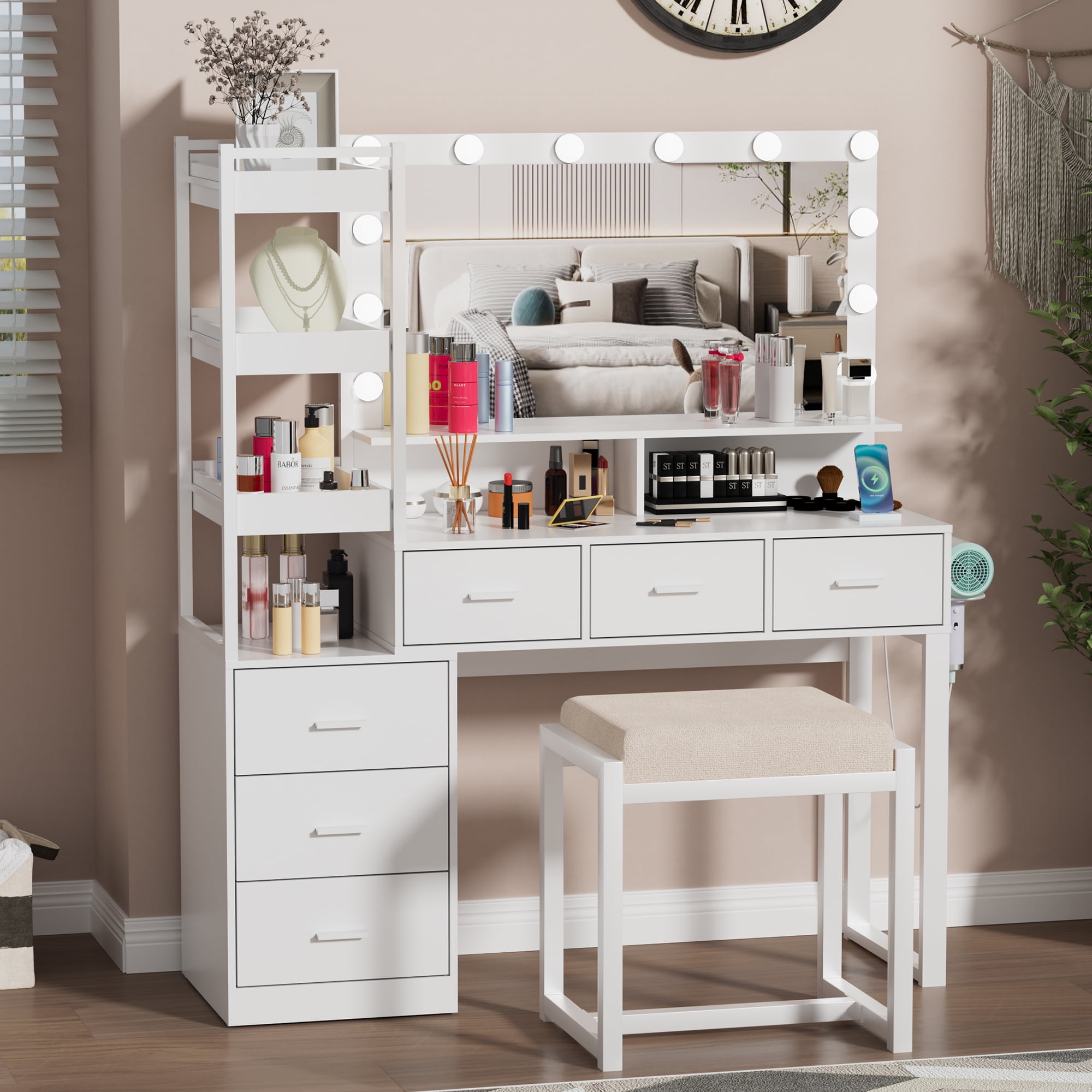 PAKASEPT Vanity Desk with Lighted Mirror and Power Outlet, Ample
