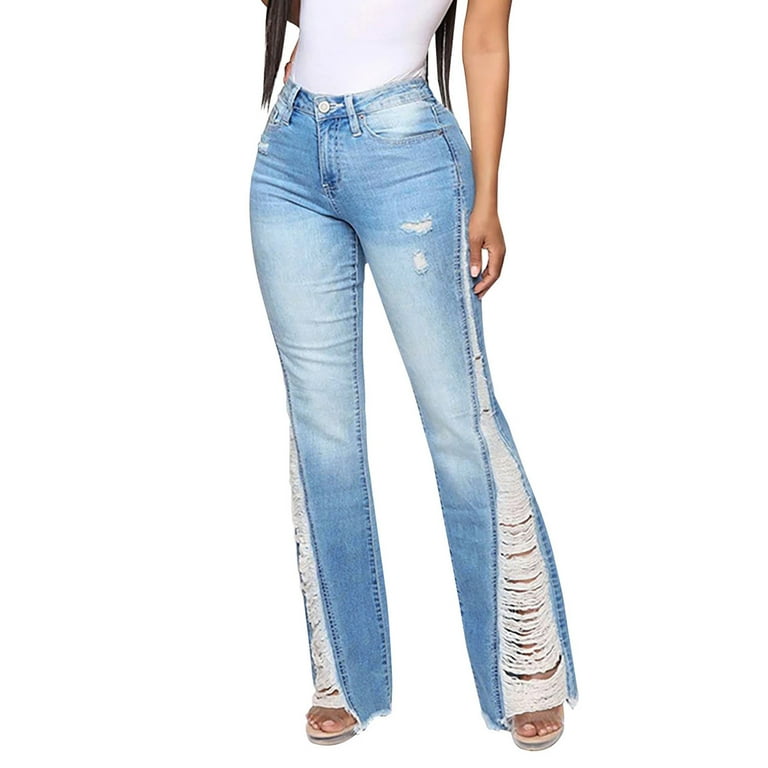 YYDGH Women's Fringe Ripped Denim Pant Leg Side Hole Flare Pants