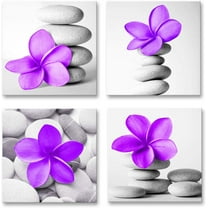 -Modern Art Bathroom Pictures Purple Flowers and Pebble Stone Canvas Wall Art Prints Grey Decor (Purple)