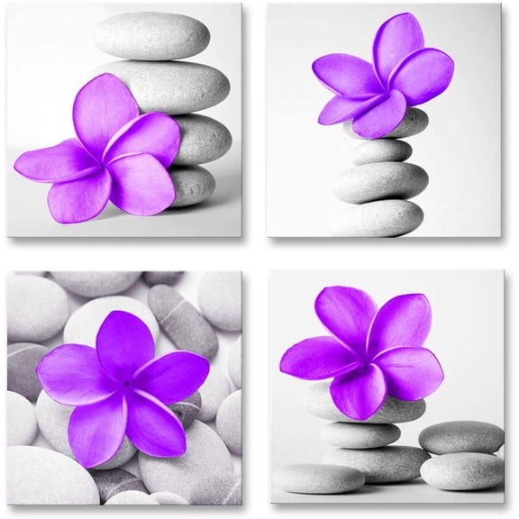 -Modern Art Bathroom Pictures Purple Flowers and Pebble Stone Canvas Wall Art Prints Grey Decor (Purple)