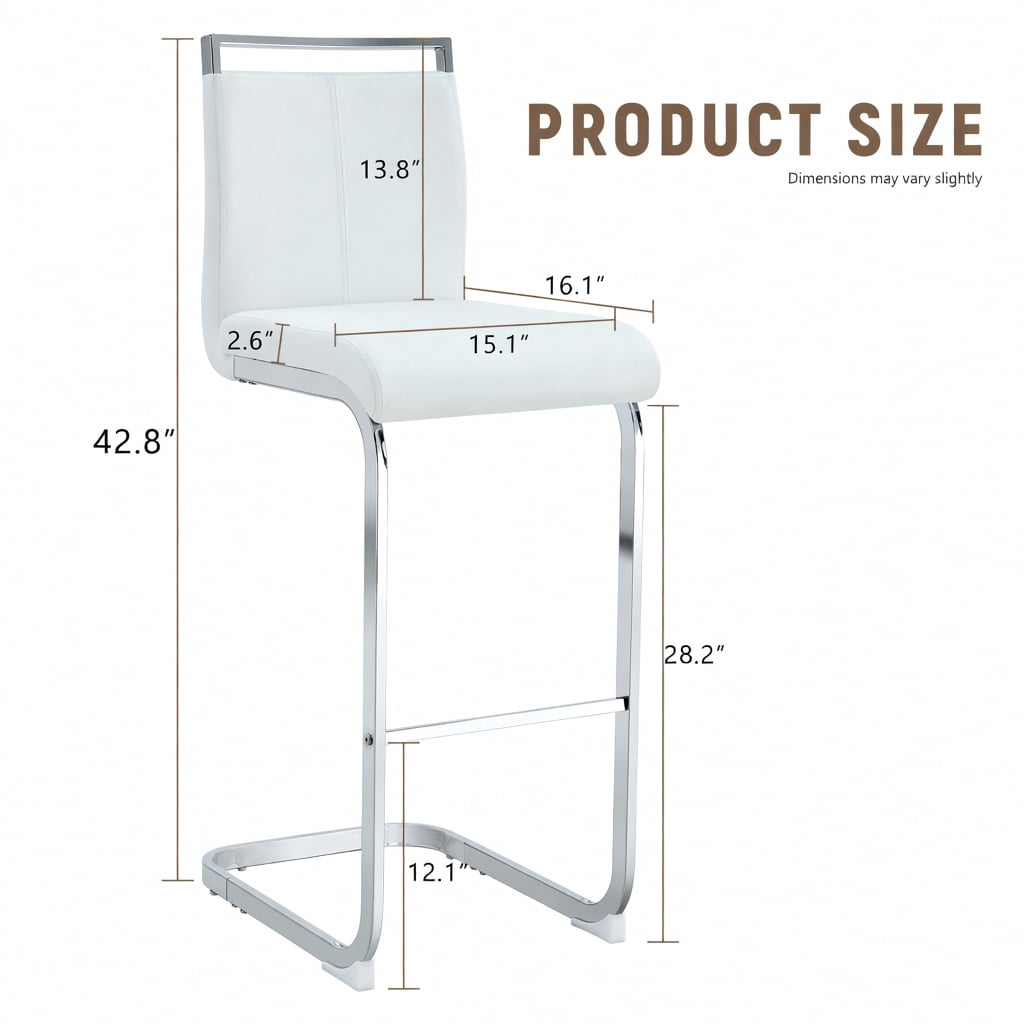 Hommoo Modern PU Leather Bar Stools with Silver C-Shaped Metal Legs, 42.5 in Tall Counter Height Chairs for Kitchen, Dining Room, Home Bar & Patio, White
