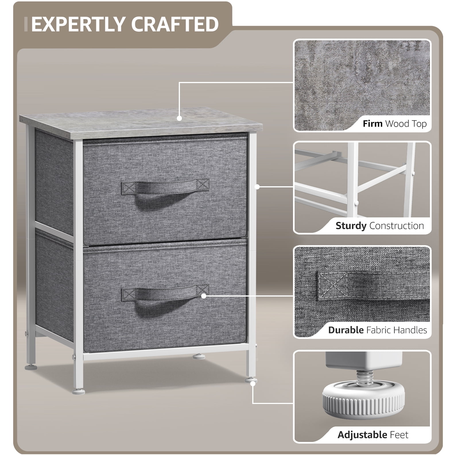 Sorbus Nightstand with 2 Drawers, Steel Frame, Wood Top, Fabric Bins, Gray