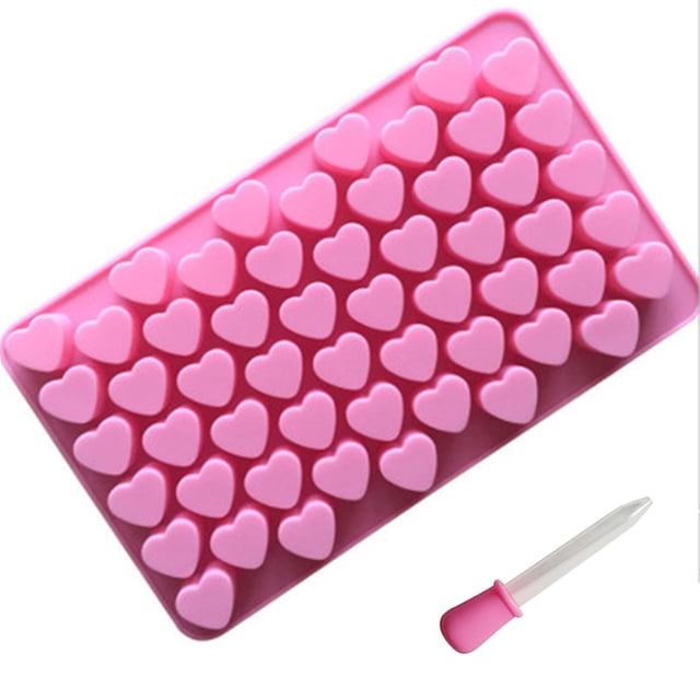 Mini moldes de silicona con forma de corazón para gomitas, chocolate, paquete de moldes de silicona para pasteles para hornear, 55 cavidades, moldes para hielo con 1 gotero adicional, color rosa