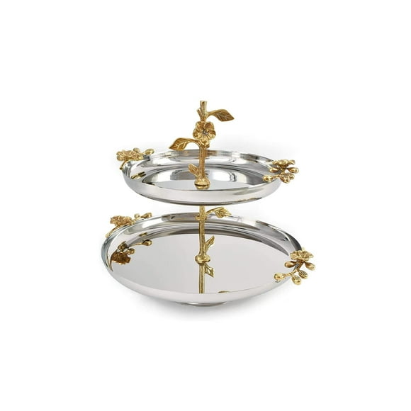 Serene Spaces Living Orchid Stem Two Tiered Serving Stand, Stainless Steel Display Tray for Fruits, cookies, Macarons, cakes, Pastry Platter, Appetizer, Measures 12 Tall, Tiers- 10 & 125 Dia